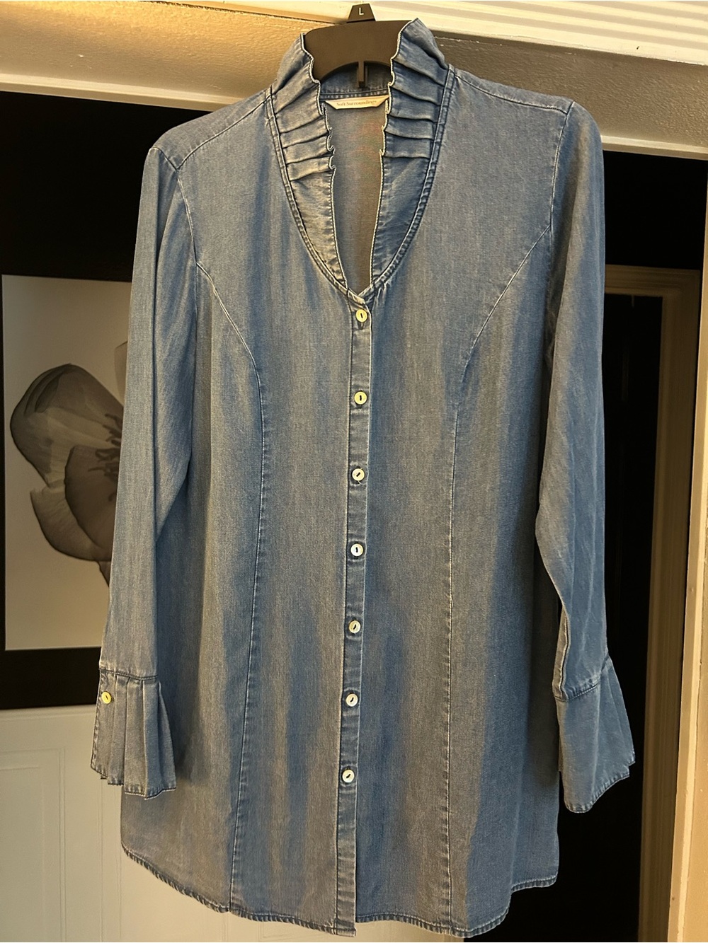 Soft Surroundings Light Blue Denim Button-Front Shirt with Ruffle Collar